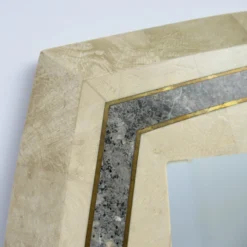 C.1980's Attr. To Roche-Bobois Tessellated Marble Stone & Inlaid Brass Banded Trim Detailed Wall Mirror -chairish shop c1980s attr to roche bobois tessellated marble stone and inlaid brass banded trim detailed wall mirror 0313 scaled