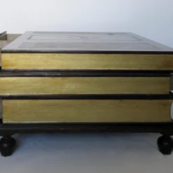 C.1980's Maitland-Smith "Tromp L'oeil" Stacked-Book Leather-Wrapped & Gilt Gold Leaf Coffee Table -chairish shop c1980s maitland smith tromp loeil stacked book leather wrapped and gilt gold leaf coffee table 1834 scaled