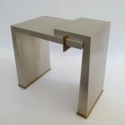 C.1990's Thomas Pheasant(Designer) For Baker Furniture Co. Platinum Silver Leaf & Bronze Modernist "Stratum" Side/Occ. Tables -Pair -chairish shop c1990s thomas pheasantdesigner for baker furniture co platinum silver leaf and bronze modernist stratum sideocc tables pair 4508 scaled