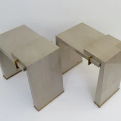 C.1990's Thomas Pheasant(Designer) For Baker Furniture Co. Platinum Silver Leaf & Bronze Modernist "Stratum" Side/Occ. Tables -Pair -chairish shop c1990s thomas pheasantdesigner for baker furniture co platinum silver leaf and bronze modernist stratum sideocc tables pair 5185 scaled