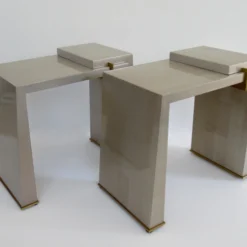 C.1990's Thomas Pheasant(Designer) For Baker Furniture Co. Platinum Silver Leaf & Bronze Modernist "Stratum" Side/Occ. Tables -Pair -chairish shop c1990s thomas pheasantdesigner for baker furniture co platinum silver leaf and bronze modernist stratum sideocc tables pair 8110 scaled