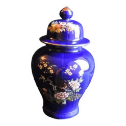 Circa 1970's Kutani Ware Cobalt Blue Peacock Ginger Jar Hand Painted Made In Japan