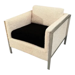 Curated Mid Century Large Heavy Chrome Lounge Chair With New Cream & Black Boucle 1960’s Circa