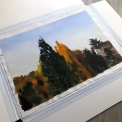 David Orrin Smith Watercolor Landscape Painting Plein Air "From 2400 S. Hill, Seattle, 10.30.21, ~11am, Saturday (Two Trees)" -chairish shop david orrin smith watercolor landscape painting plein air from 2400 s hill seattle 103021 11am saturday two trees 3177