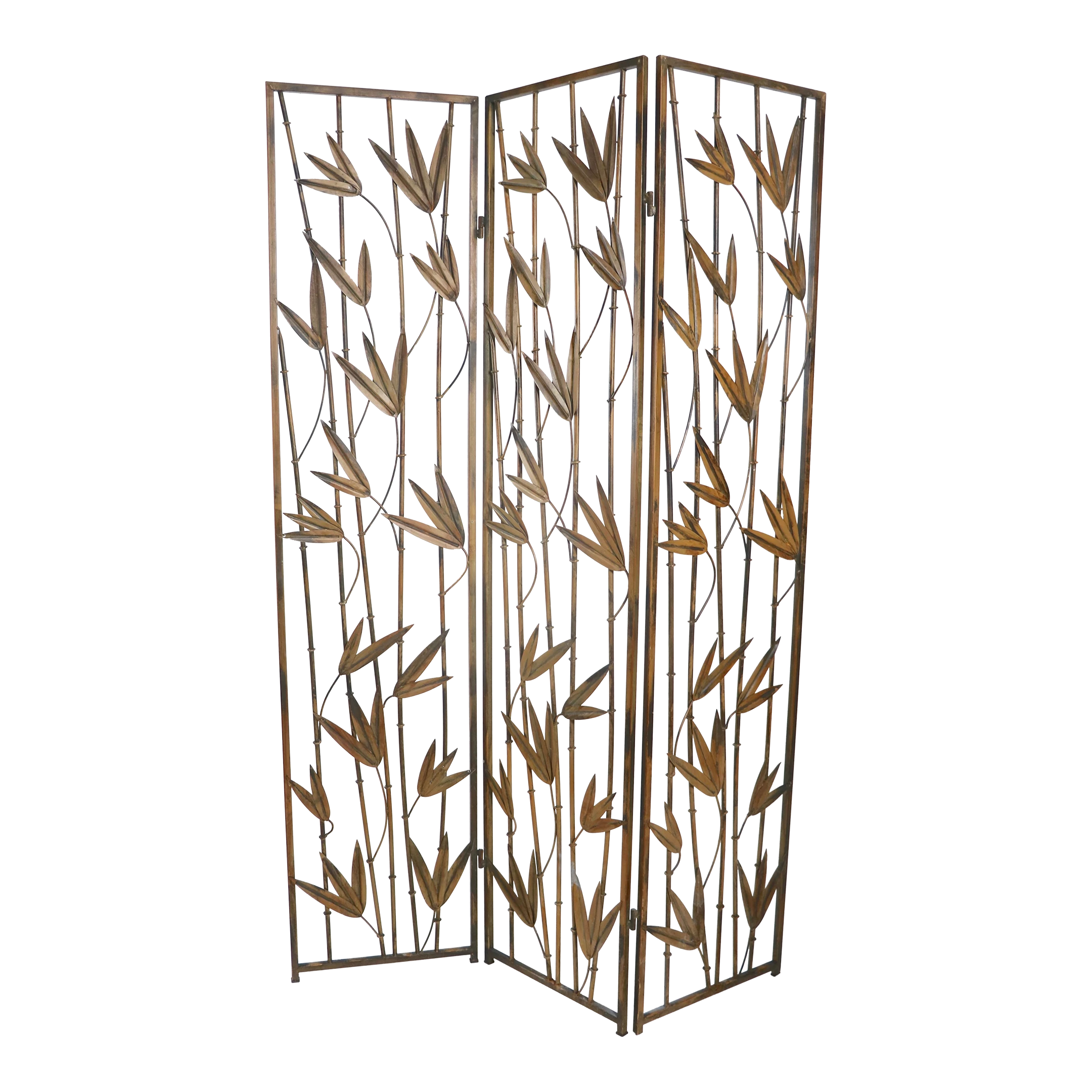 Decorative Wrought Iron Faux Bamboo Folding Screen Ca. 1970's Made In Usa 1 Decorative Wrought Iron Faux Bamboo Folding Screen Ca. 1970's Made In Usa