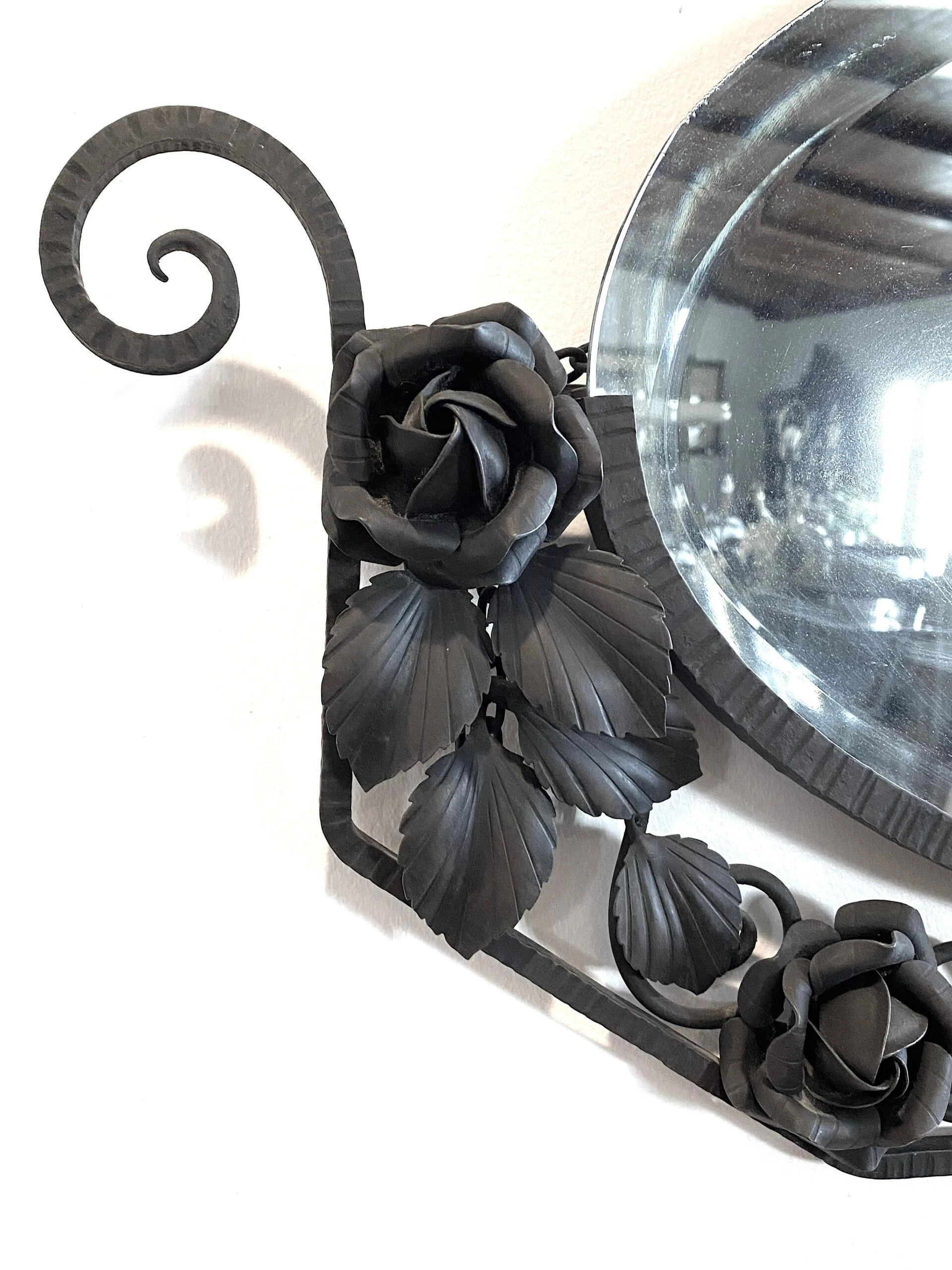 Early 1900's Art Deco Wrought Iron With Beveled Mirror With Flowers Details 5 Early 1900's Art Deco Wrought Iron With Beveled Mirror With Flowers Details - Image 5