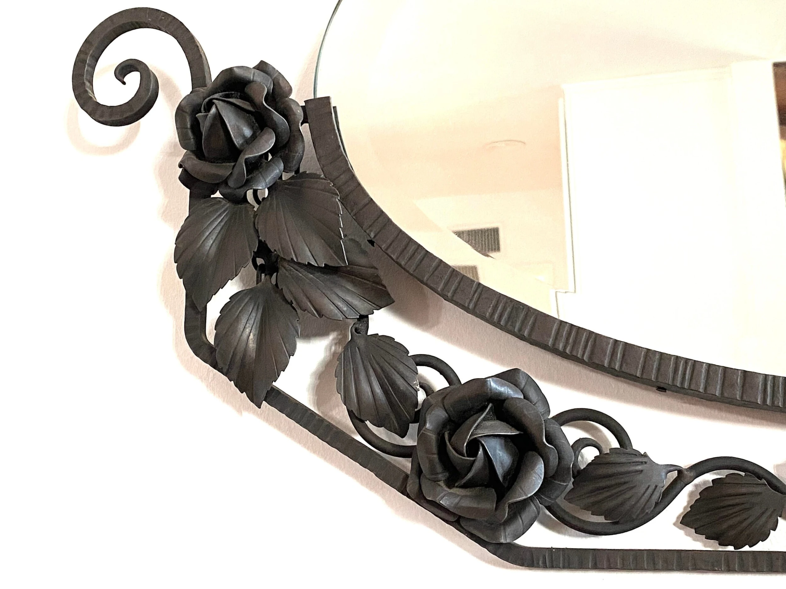 Early 1900's Art Deco Wrought Iron With Beveled Mirror With Flowers Details 3 Early 1900's Art Deco Wrought Iron With Beveled Mirror With Flowers Details - Image 3