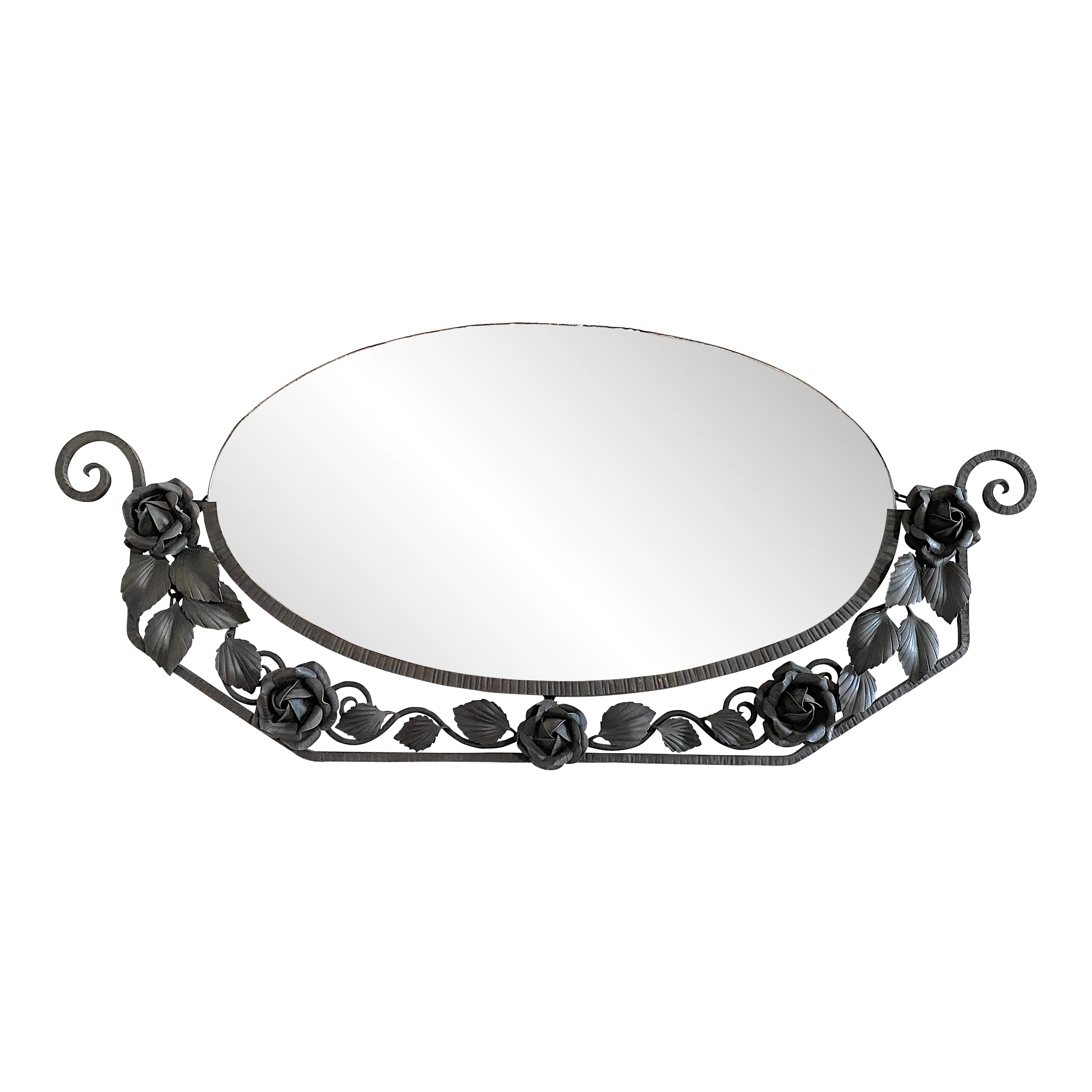 Early 1900's Art Deco Wrought Iron With Beveled Mirror With Flowers Details 1 Early 1900's Art Deco Wrought Iron With Beveled Mirror With Flowers Details