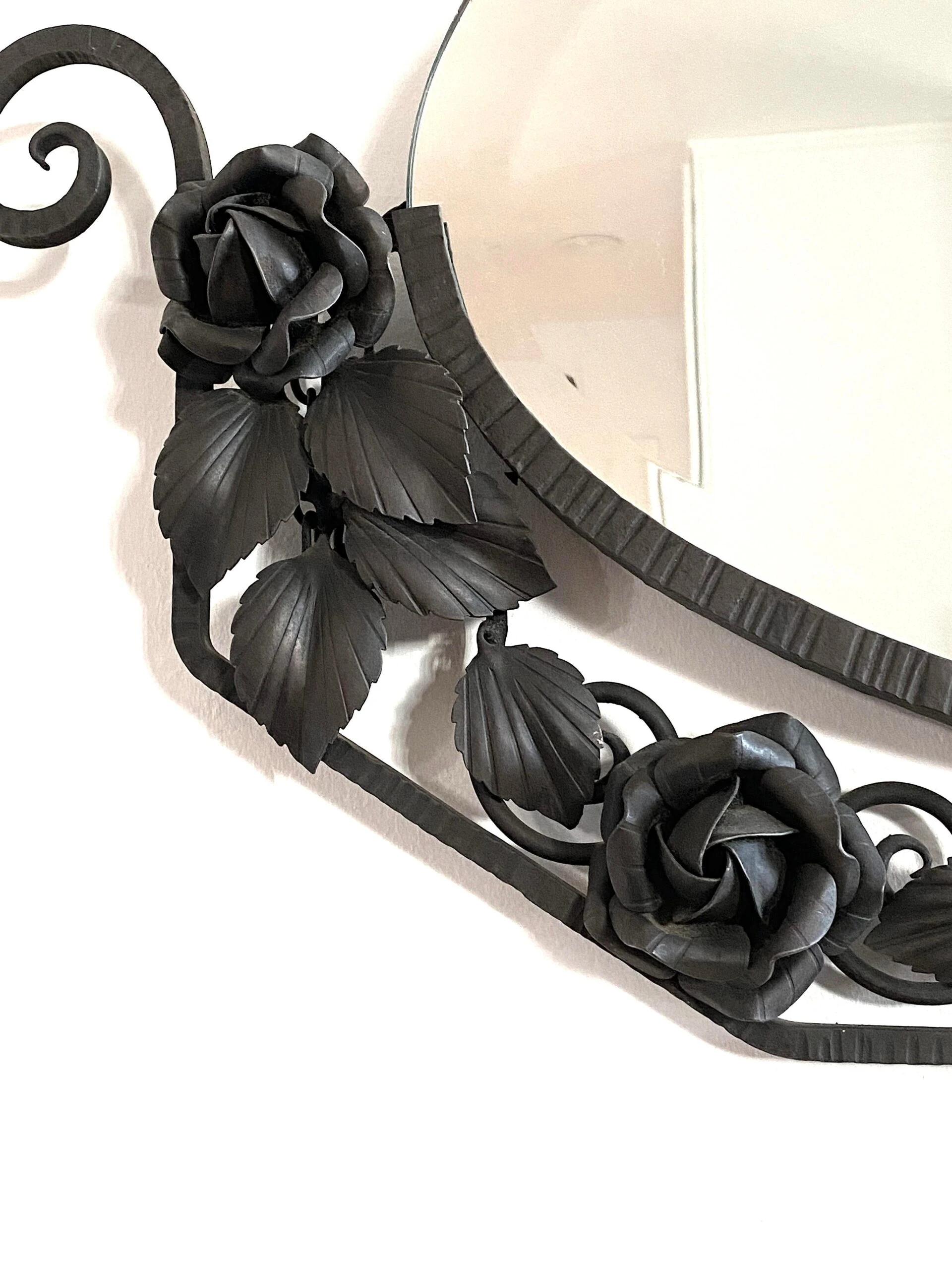 Early 1900's Art Deco Wrought Iron With Beveled Mirror With Flowers Details 2 Early 1900's Art Deco Wrought Iron With Beveled Mirror With Flowers Details - Image 2