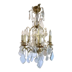 Early 1900's French Louis Xv Style Brass And Crystal Pendeloques 8-Light Chandelier