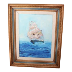 Framed 1960's Coastal Ship Sea Scape Oil Painting