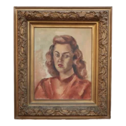 Framed Oil Portrait Painting Of Young Woman, 1940’s