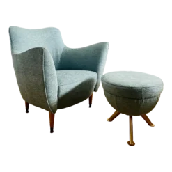 Guglielmo Veronesi Perla Lounge Chair For Isa Bergamo, 1950’s Newly Re-Upholstered With Matching Ottoman