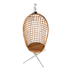 Hanging Wicker Basket Egg Chair With Metal Stand Circa 1970's