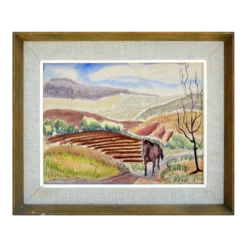 Horse In The Fields - 1930's Watercolor Figurative Landscape By John Stellman