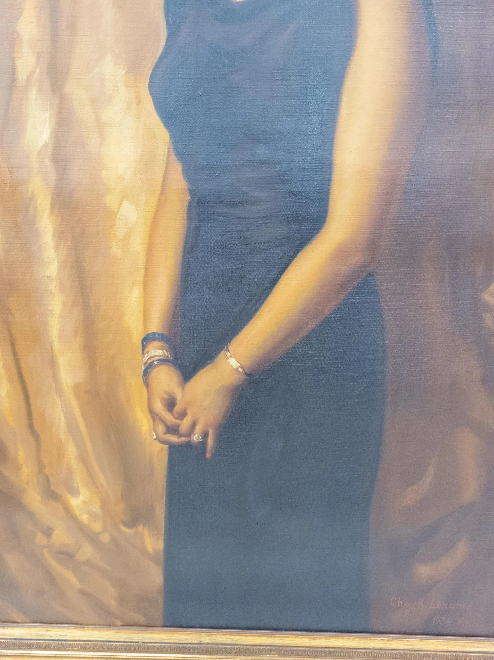 Large 1930's Full Length Portrait Painting Of A Lady, Signed, Brown University Label 4 Large 1930's Full Length Portrait Painting Of A Lady, Signed, Brown University Label - Image 4