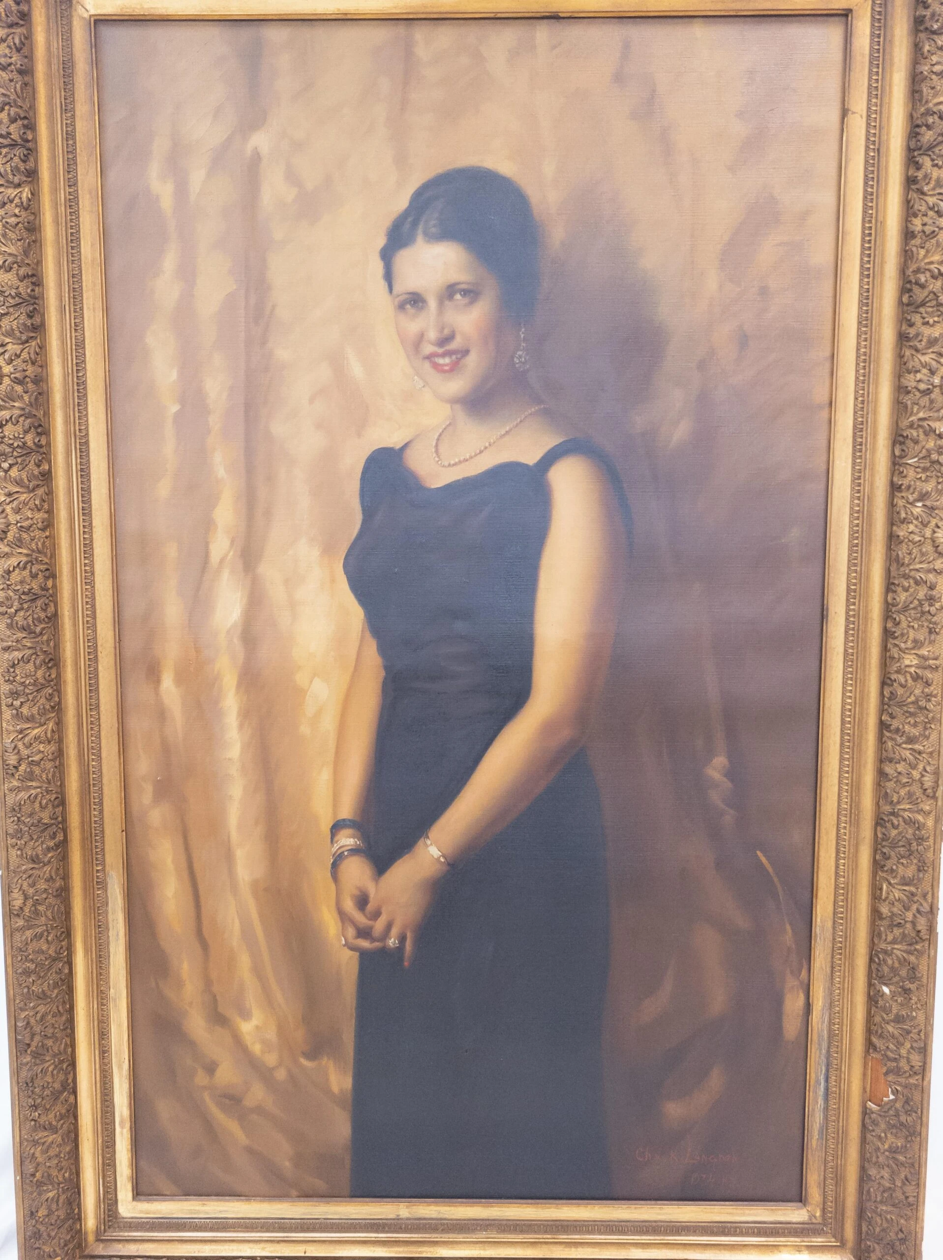 Large 1930's Full Length Portrait Painting Of A Lady, Signed, Brown University Label 2 Large 1930's Full Length Portrait Painting Of A Lady, Signed, Brown University Label - Image 2