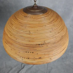 Large 1960's Rattan Bamboo & Brass Dome Pendant -chairish shop large 1960s rattan bamboo and brass dome pendant 0241
