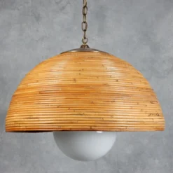 Large 1960's Rattan Bamboo & Brass Dome Pendant -chairish shop large 1960s rattan bamboo and brass dome pendant 0732