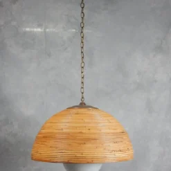 Large 1960's Rattan Bamboo & Brass Dome Pendant -chairish shop large 1960s rattan bamboo and brass dome pendant 2679