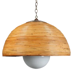 Large 1960's Rattan Bamboo & Brass Dome Pendant
