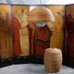 Large 1960's Rattan Bamboo & Brass Dome Pendant -chairish shop large 1960s rattan bamboo and brass dome pendant 6156