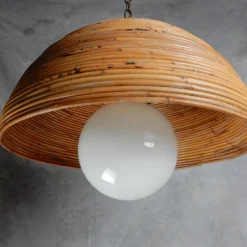 Large 1960's Rattan Bamboo & Brass Dome Pendant -chairish shop large 1960s rattan bamboo and brass dome pendant 7079