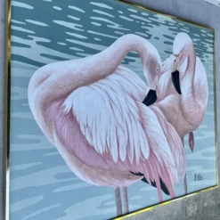 Large 1980's Flamingoes Painting By Lee Reynolds -chairish shop large 1980s flamingoes painting by lee reynolds 2077 scaled
