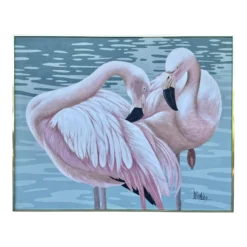 Large 1980's Flamingoes Painting By Lee Reynolds