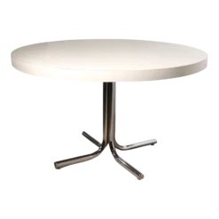 Large Round Chrome Base And White Formica Dining, Kitchen Table Ca. 1970's