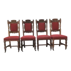 Late 1800's Walnut Carved Gothic Revival Dining Chairs - Set Of 4