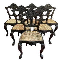 Mid 1800's Anglo-Indian Ebony Carved Chairs- Set Of 6