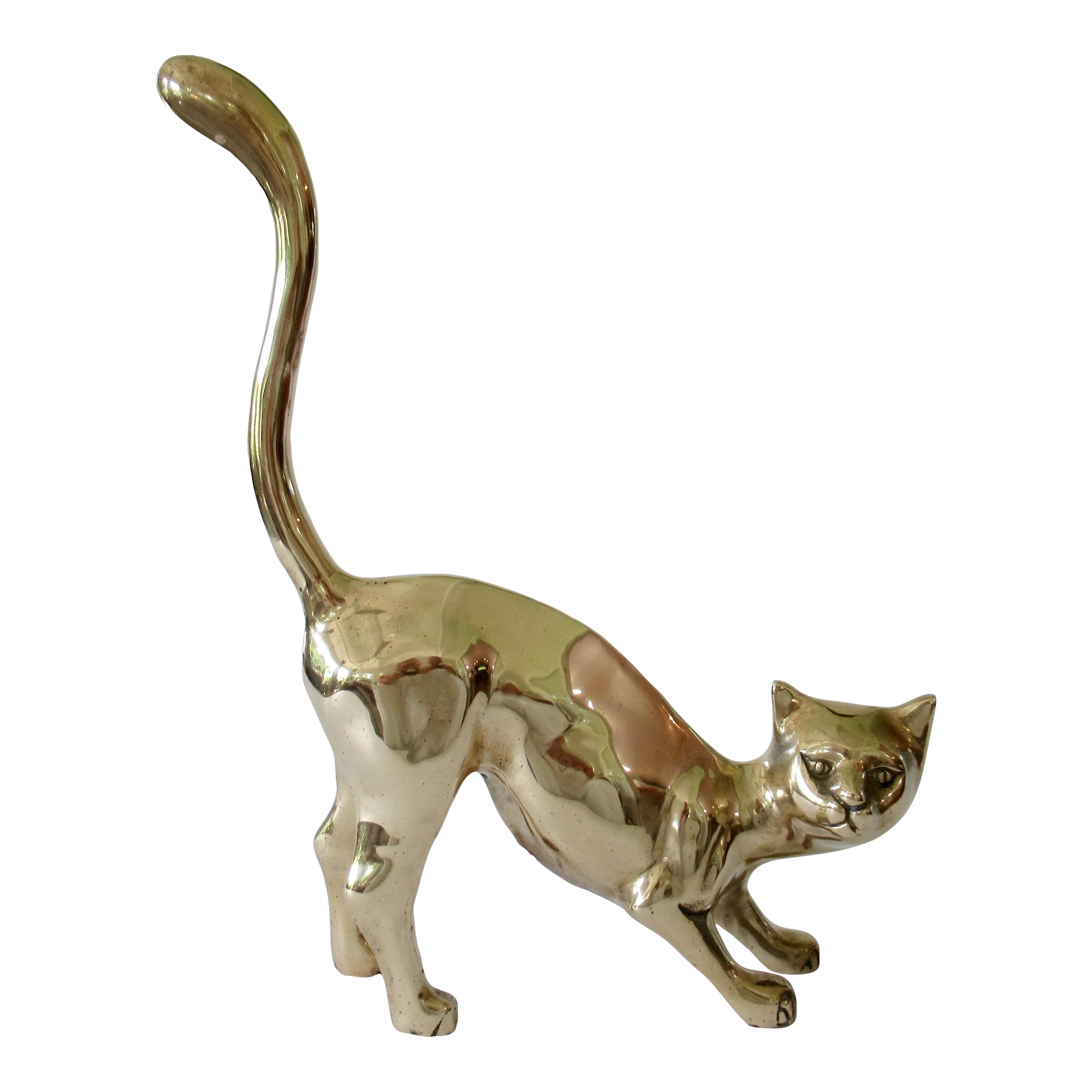 Mid-Century 1960's-1970's Large Polished Brass Cat With Accentuated Tail "On The Prowl" 1 Mid-Century 1960's-1970's Large Polished Brass Cat With Accentuated Tail "On The Prowl"