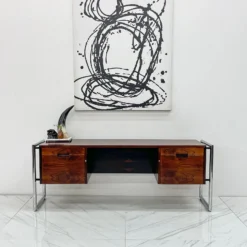 Mid Century Chrome And Rosewood Wrapped Desk By Scandiline Furniture, 1970's -chairish shop mid century chrome and rosewood wrapped desk by scandiline furniture 1970s 2873