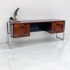 Mid Century Chrome And Rosewood Wrapped Desk By Scandiline Furniture, 1970's -chairish shop mid century chrome and rosewood wrapped desk by scandiline furniture 1970s 5213
