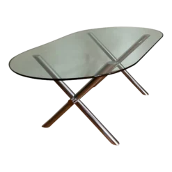 Mid Century Italian Chrome X-Base Trestle Dining Clear Glass Top Table. Italy C. 70's