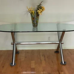 Mid Century Italian Chrome X-Base Trestle Dining Clear Glass Top Table. Italy C. 70's -chairish shop mid century italian chrome x base trestle dining clear glass top table italy c 70s 3192