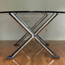 Mid Century Italian Chrome X-Base Trestle Dining Clear Glass Top Table. Italy C. 70's -chairish shop mid century italian chrome x base trestle dining clear glass top table italy c 70s 9637