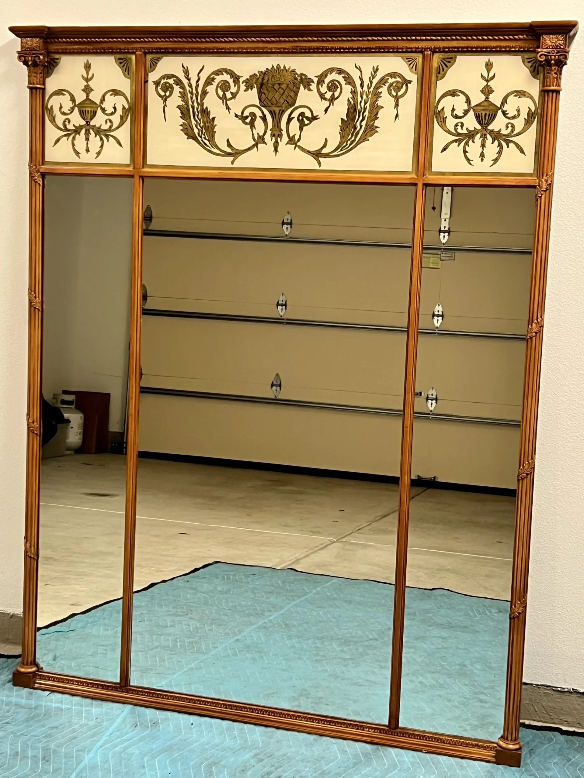 Mid-Century Large Neoclassical Style Verre Églimosé & Carved Wood Trumeau Over-Mantel Wall Mirror - Italian 1960's 2 Mid-Century Large Neoclassical Style Verre Églimosé & Carved Wood Trumeau Over-Mantel Wall Mirror - Italian 1960's - Image 2