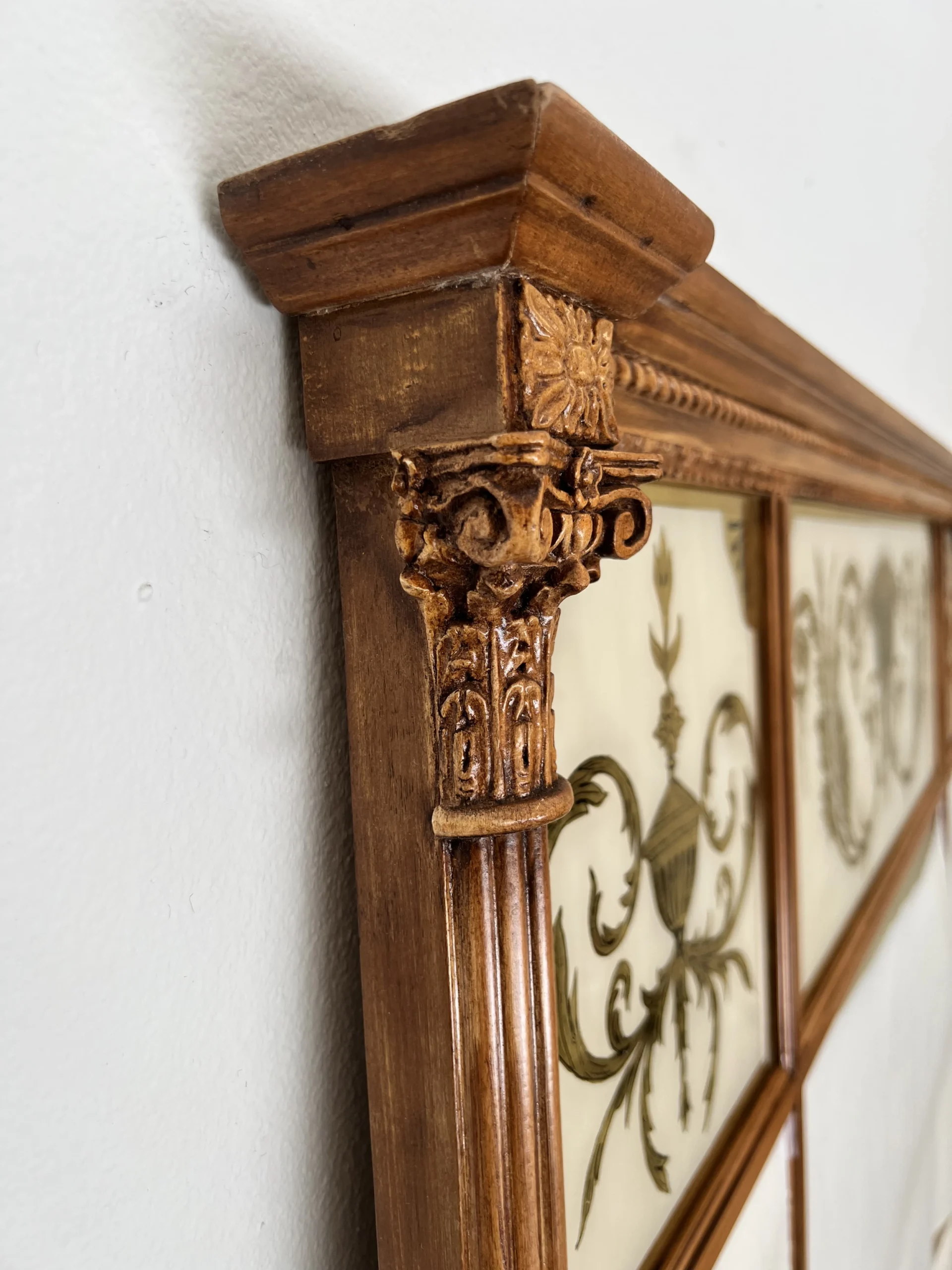 Mid-Century Large Neoclassical Style Verre Églimosé & Carved Wood Trumeau Over-Mantel Wall Mirror - Italian 1960's 6 Mid-Century Large Neoclassical Style Verre Églimosé & Carved Wood Trumeau Over-Mantel Wall Mirror - Italian 1960's - Image 6