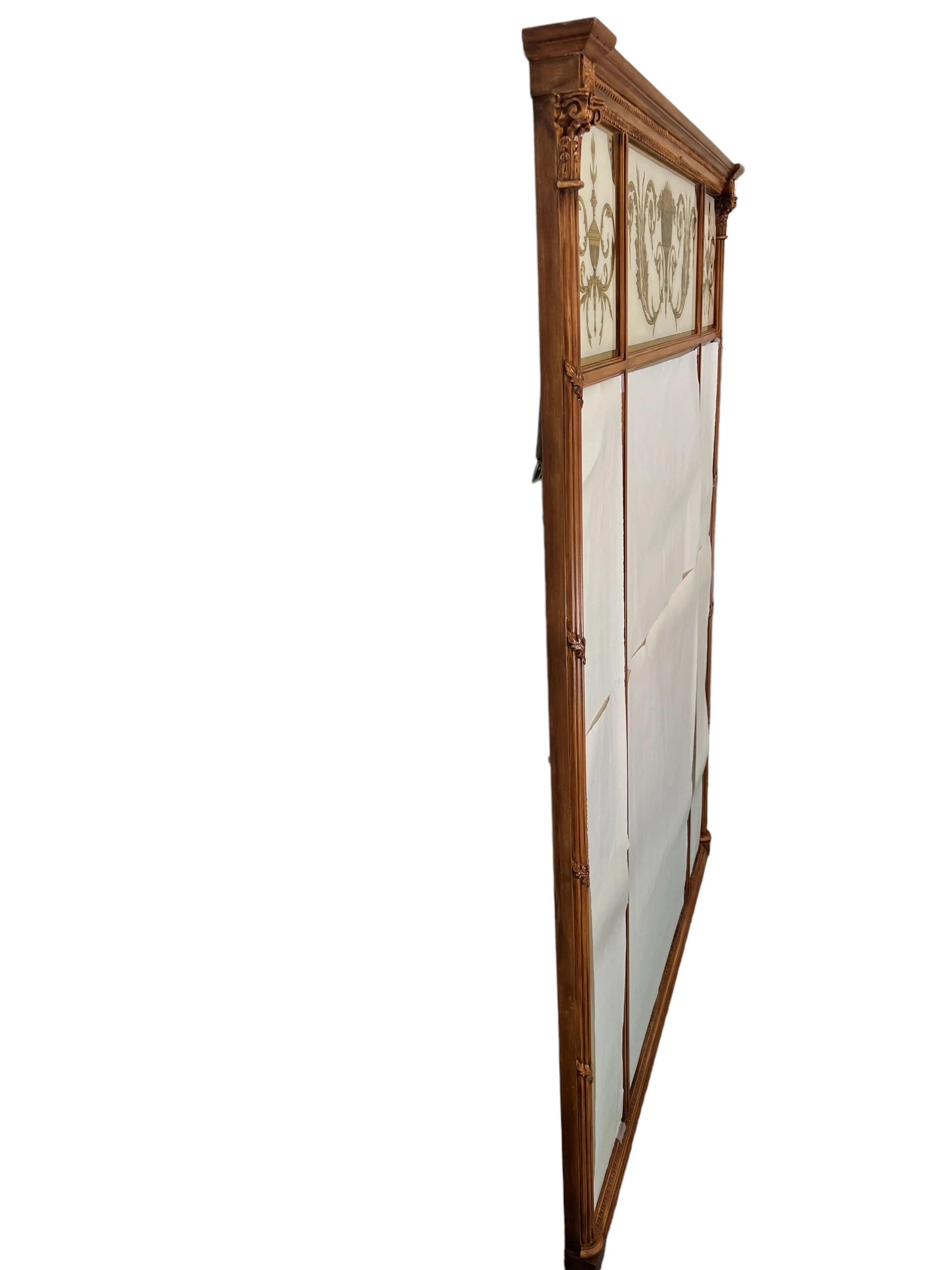 Mid-Century Large Neoclassical Style Verre Églimosé & Carved Wood Trumeau Over-Mantel Wall Mirror - Italian 1960's 10 Mid-Century Large Neoclassical Style Verre Églimosé & Carved Wood Trumeau Over-Mantel Wall Mirror - Italian 1960's - Image 10