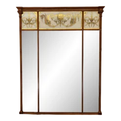 Mid-Century Large Neoclassical Style Verre Églimosé & Carved Wood Trumeau Over-Mantel Wall Mirror - Italian 1960's