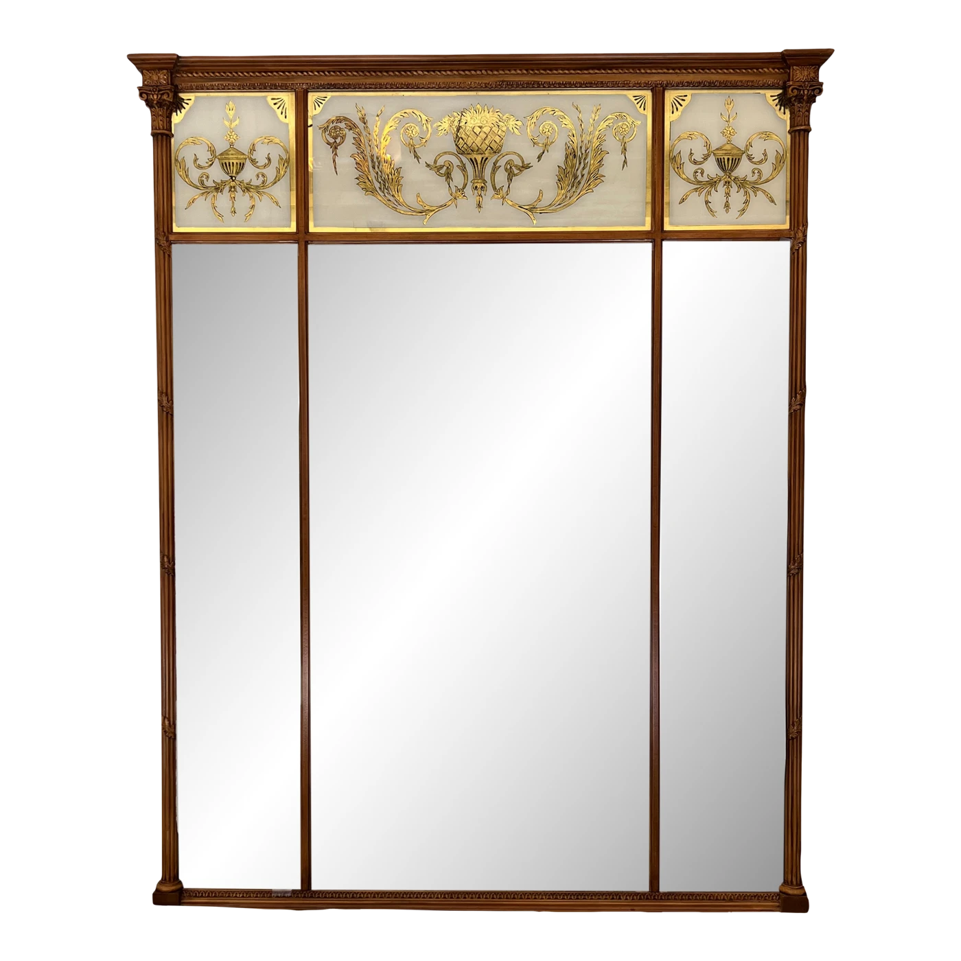 Mid-Century Large Neoclassical Style Verre Églimosé & Carved Wood Trumeau Over-Mantel Wall Mirror - Italian 1960's 1 Mid-Century Large Neoclassical Style Verre Églimosé & Carved Wood Trumeau Over-Mantel Wall Mirror - Italian 1960's