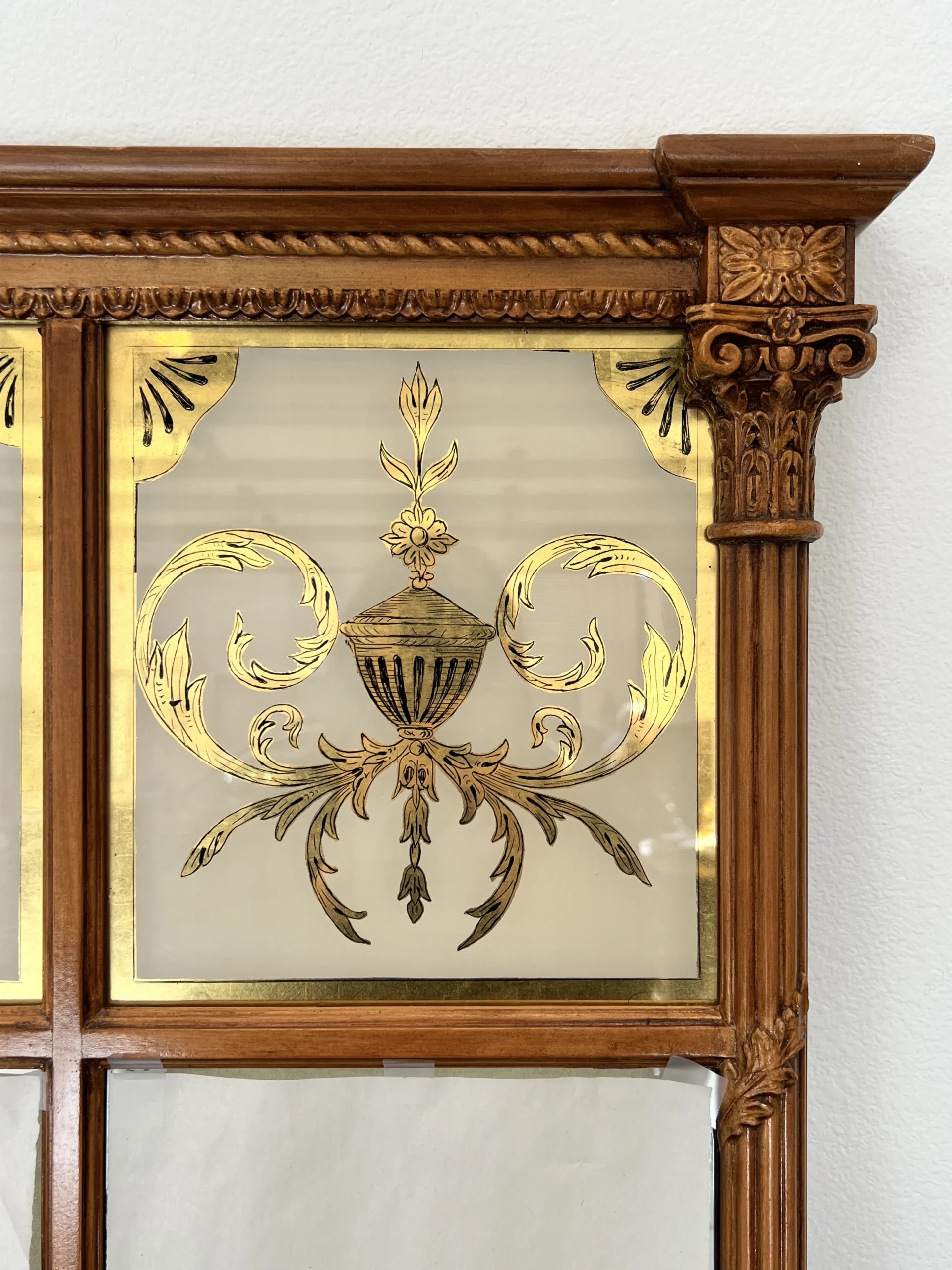 Mid-Century Large Neoclassical Style Verre Églimosé & Carved Wood Trumeau Over-Mantel Wall Mirror - Italian 1960's 5 Mid-Century Large Neoclassical Style Verre Églimosé & Carved Wood Trumeau Over-Mantel Wall Mirror - Italian 1960's - Image 5