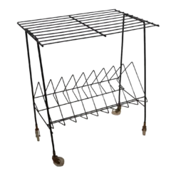 Mid Century Wrought Iron Wire Stand Record Stand On Wheel Caster Feet C. 1950's