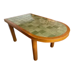 Oak And Green Ceramic Tile Dining Table, France, 1940-50's