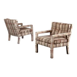 Original 1970’s Milo Baughman Style Brown And Beige Plaid Fabric Parsons Chairs