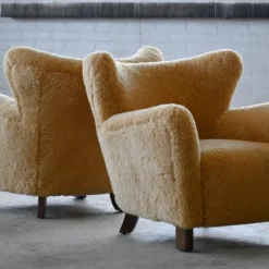 Pair Of 1940's Style Classic Club Or Lounge Chairs In Amber Color Shearling -chairish shop pair of 1940s style classic club or lounge chairs in amber color shearling 0584
