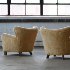 Pair Of 1940's Style Classic Club Or Lounge Chairs In Amber Color Shearling -chairish shop pair of 1940s style classic club or lounge chairs in amber color shearling 3156