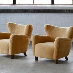 Pair Of 1940's Style Classic Club Or Lounge Chairs In Amber Color Shearling -chairish shop pair of 1940s style classic club or lounge chairs in amber color shearling 3775